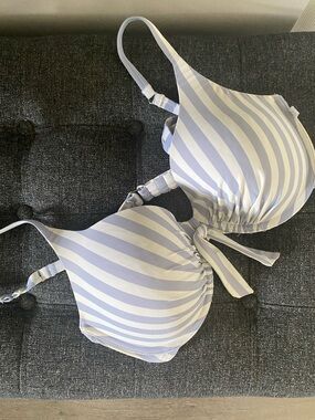 Aqua D Cup La Ve En Rose Striped Light Blue and White Tied Bikini Top